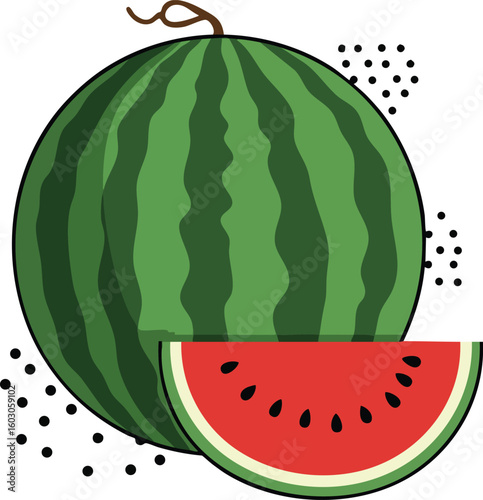Watermelon fruit illustration with red slice and green rind in vector style for fresh summer design 
