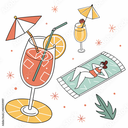 Refreshing drinks and sunbathing woman summer cocktails