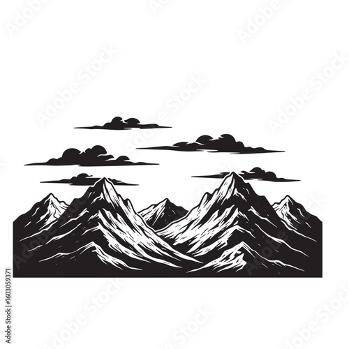 A dramatic black and white vintage art illustration depicting majestic mountain peaks with fluffy clouds evoking nature and adventure.