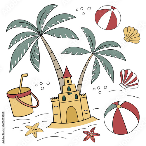 Playful beach scene with sand castle and palm trees