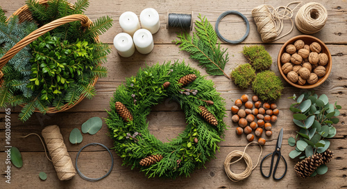 DIY Christmas wreath with pinecones, greenery and natural materials – crafting supplies arranged on rustic wooden table

