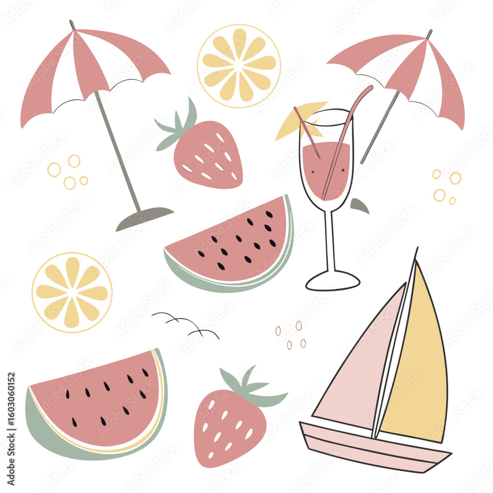 Fototapeta premium Summer vacation beach party with fruit drinks and sailing