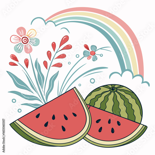 Watermelon slices and rainbow with flowers summer