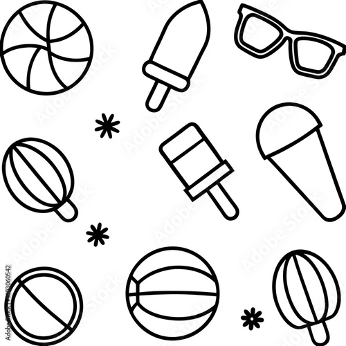 Summer icons beach balls ice creams sunglasses popsicle