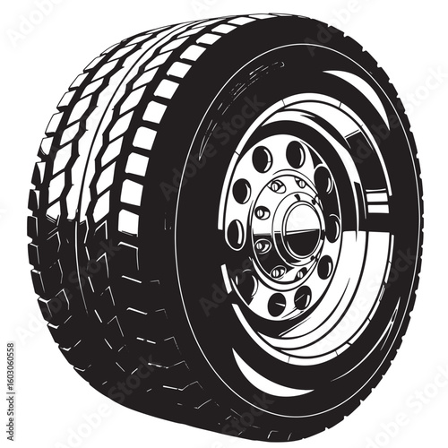 Artistic black and white illustration of a truck tire and its steel rim featuring detailed treads perfect for automotive design and vintage art projects.