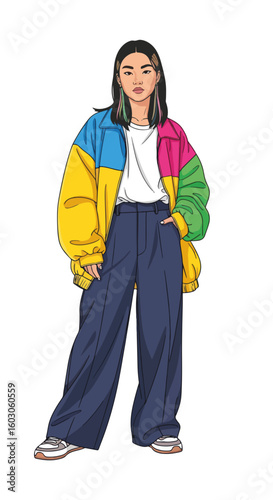 Full body shot of a young woman in colorful jacket stands in front of white background. Young woman wears stylish oversized clothing and baggy pants for fashionable look,