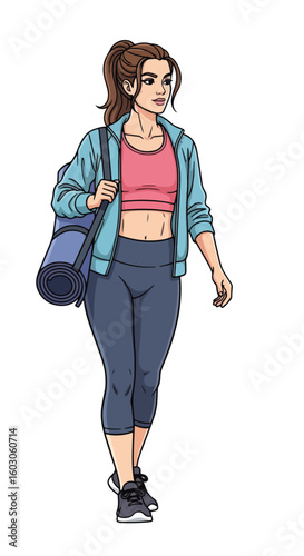 Attractive woman going to yoga carrying rolled yoga mat. Preparing for yoga class involves carrying mat and dressed in activewear, showing commitment to health and well being.