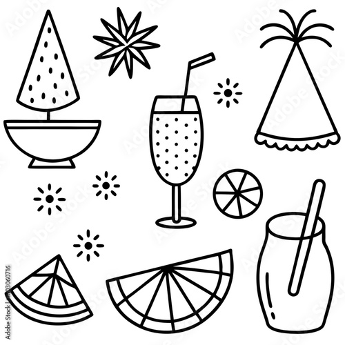 Summer party icons with fruit and drinks celebration