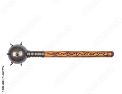 Photos A medieval mace weapon with a wooden handle and spiked metal head, angled view, isolated on white