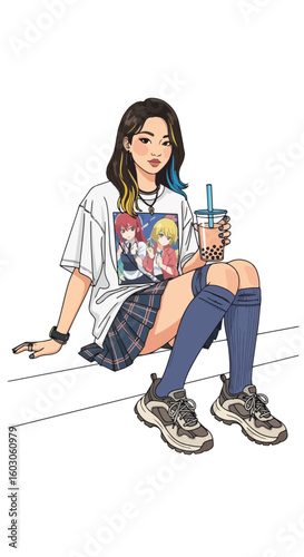 Young woman with bubble tea sitting with casual clothes on background. Young woman illustration drinking beverage in street style clothes, bubble tea is a drink that is loved by youngsters.