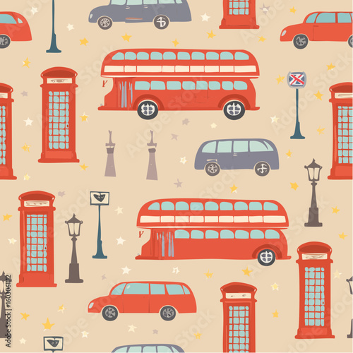 London themed seamless pattern featuring iconic red buses, phone booths, and cars.