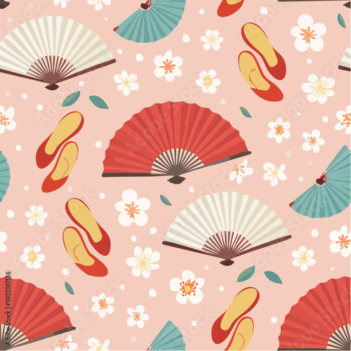 Seamless pattern featuring traditional Japanese folding fans, red ballet slippers, and white cherry blossoms on a pink background.
