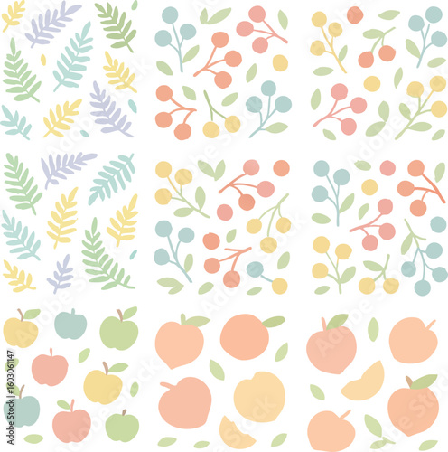 Pastel Botanical Seamless Pattern with Leaves Berries and Fruits.