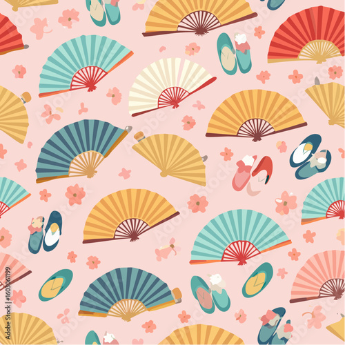 Seamless pattern featuring traditional Japanese folding fans, sandals, and cherry blossoms on a pink background.