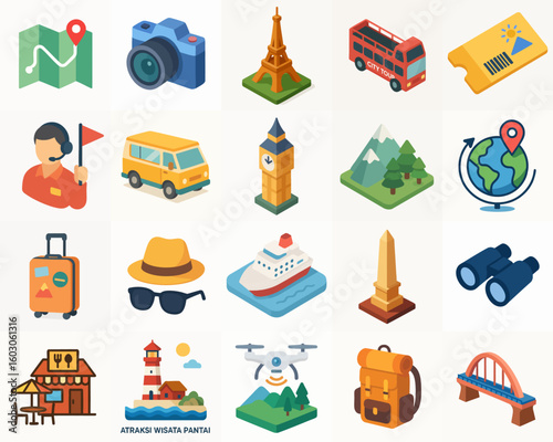 Isometric Pixelated Travel Adventure Element Isolated on White Background Illustration