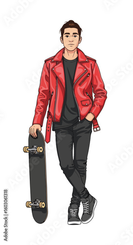 Skateboarder in red leather jacket holding skateboard. Young skateboarder leans casually with his board, wearing a stylish red jacket, and dark jeans. Representing active lifestyle,