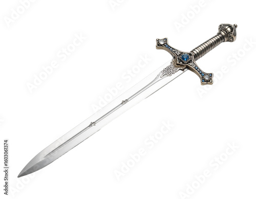 A medieval Templar sword with a crossguard and pommel, angled view, representing historical warfare, isolated on white.