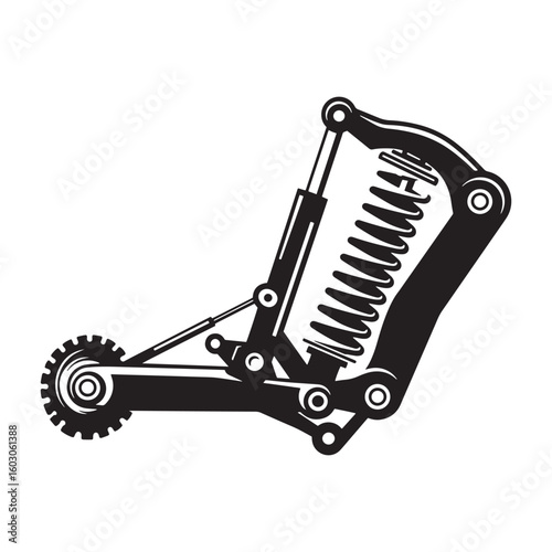 Black and white isolated illustration of a detailed shock absorber component featuring a prominent spring and mechanical parts designed in vintage art style.