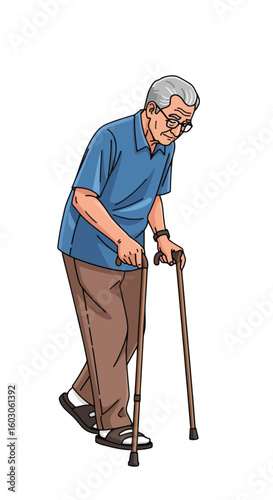 Elderly man with walking sticks isolated on white. Elderly man uses the sticks for mobility and walking assistance, leaning over slightly. Depicting an Elderly man, can symbolize aging, frailty,