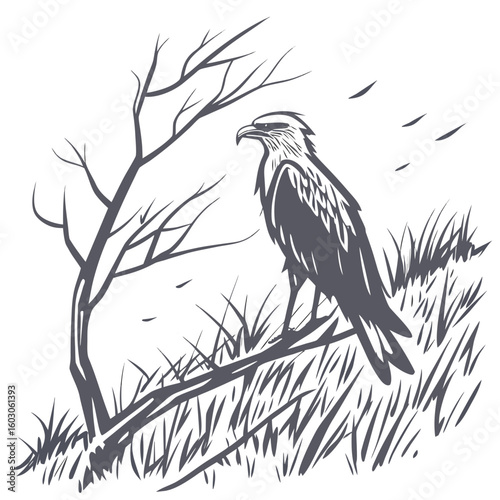 Majestic raptor perched on barren branch eagle bird