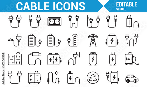 Electrical Symbols Pack Featuring Plugs, Charging Cables, and Battery Icons