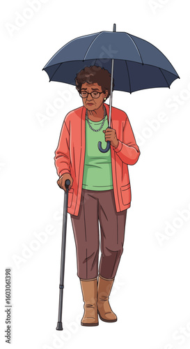 Elderly woman with umbrella strolling on rainy day, protecting herself from rain. Elderly woman with umbrella uses walking stick for balance and walks carefully on the street.