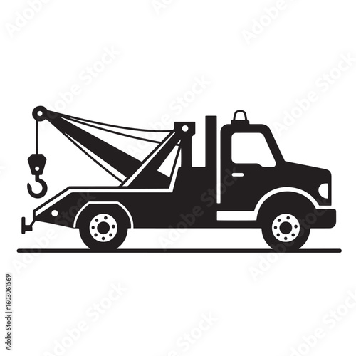 Black and white vintage art illustration depicting a classic tow truck vehicle on a flat surface ideal for automotive and roadside assistance projects.