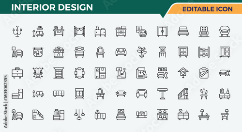 Set of Interior Design line icon. Contains such symbols as project, art, interior, decor, construction and more. Set of line pictogram. Furniture icon set. Editable stroke.
