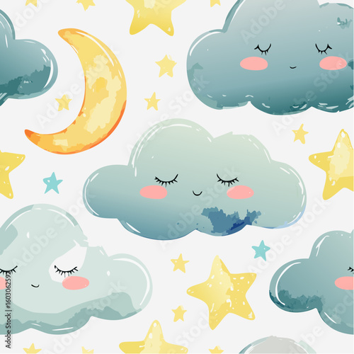A cute seamless night sky pattern with sleepy watercolor clouds, a crescent moon, and stars.