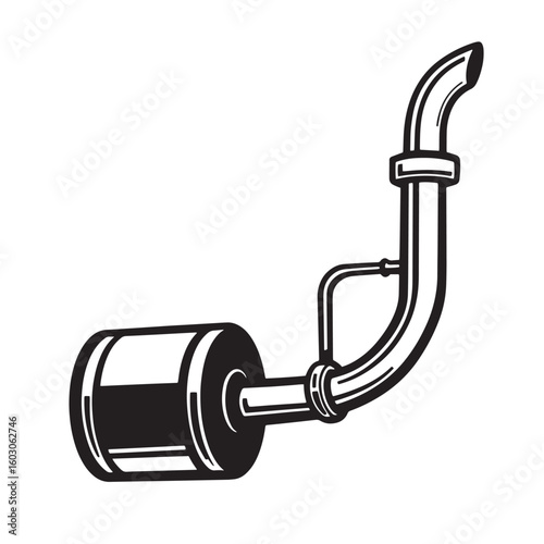 Detailed black and white illustration depicting a classic automotive exhaust system suitable for vintage art projects and automotive related designs
