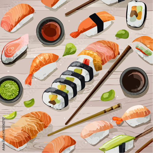 An illustrated top-down view of a Japanese sushi assortment with nigiri, maki rolls, and wasabi.