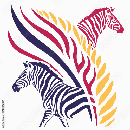 Stylized zebras with flowing colorful brush strokes