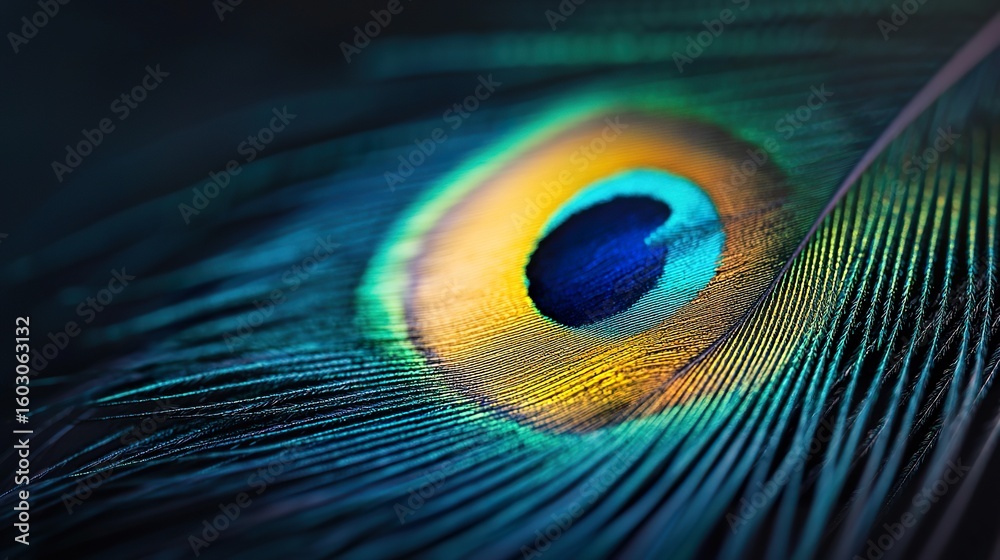 Naklejka premium Macro photography of a single peacock feather, iridescent eye pattern