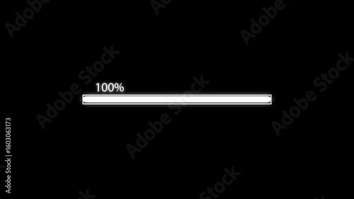 4k animation loading bar with counting from 0 to 100 percentage completed animation on black background.