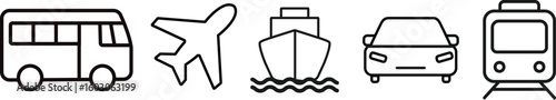 Transportation Icon Set – Five Minimalist Black Silhouettes Depicting Common Travel Modes Including Bus, Airplane, Ship, Car, and Train on White Background
