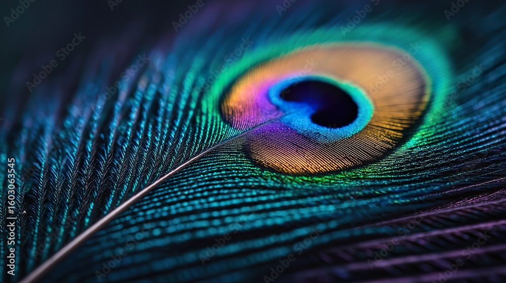 Naklejka premium Macro photography of a single peacock feather, iridescent eye pattern