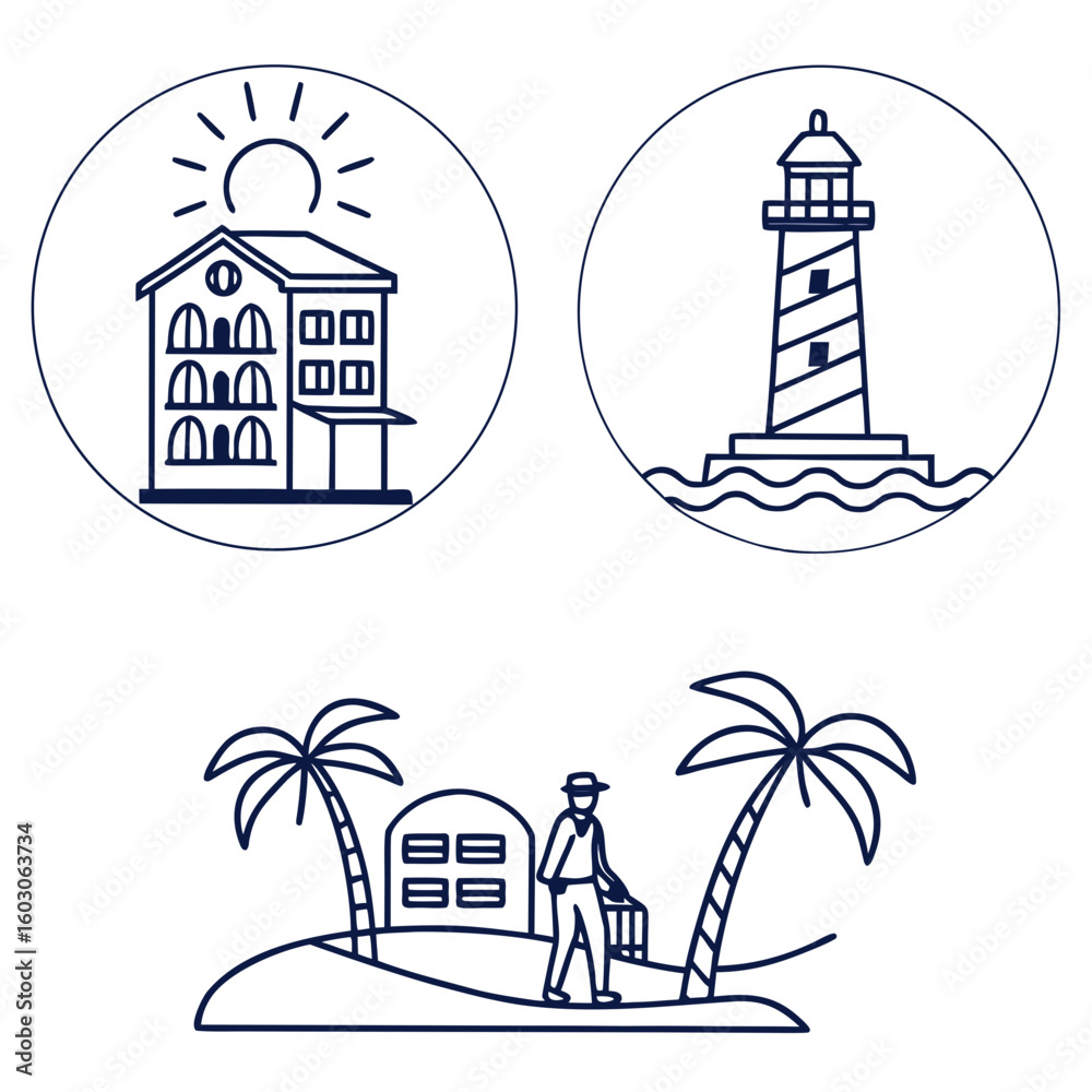 Fototapeta premium Coastal vacation icons with resort lighthouse and island scene