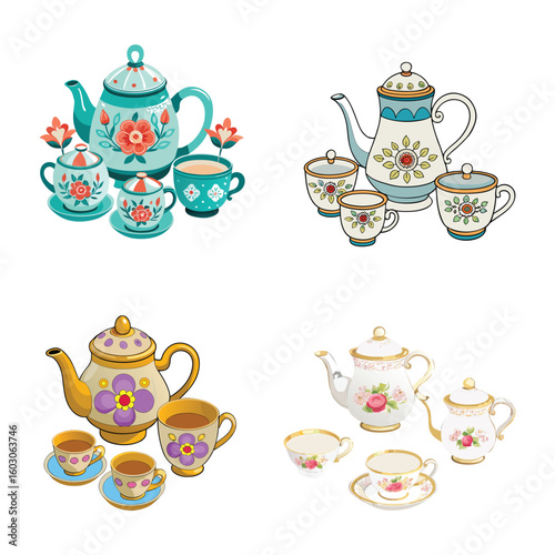 Elegant Tea Set Isolated on White Background – Porcelain Teapot and Cups Collection
