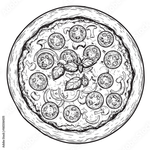 Hand-drawn illustration of a delicious pizza topped with fresh basil sliced tomatoes mushrooms and onions presented in vintage art style on white background