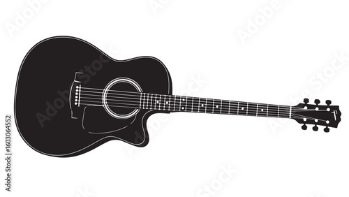 Black and White Acoustic Guitar Silhouette, Vector Illustration
