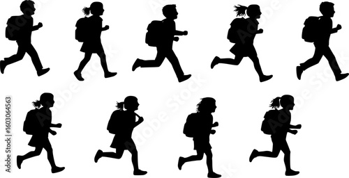 Kids running to school with bags silhouette vector.