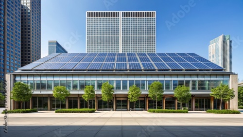 Sustainable energy solutions concepts, Modern building with solar panels, surrounded by urban architecture and greenery.