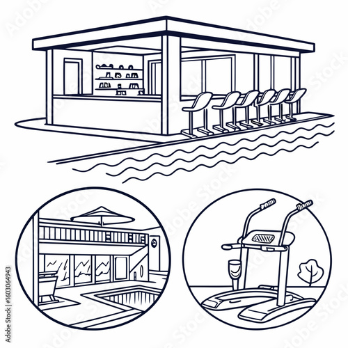 Resort amenities pool bar gym equipment vector