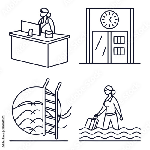 Hotel reception desk building pool swimming luggage
