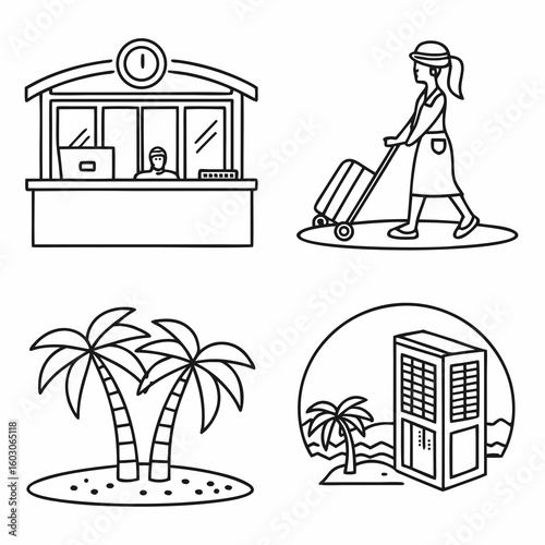 Hotel reception desk with attendant and luggage vector