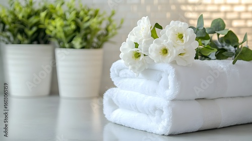 Stack of white towels with flowers on a light surface.