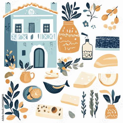 Greek clipart set with olive branch, salad bowl, lemon, and sea wave, suitable for printable travel visuals and coastal-themed decorative products