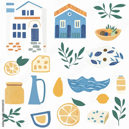 Flat Greece clipart set with feta, olives, salad, amphora, and lemon in soft colors, great for DIY sticker kits and printable sheets