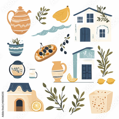 Greek clipart set featuring olives, salad, feta, and amphora, perfect for printable gift tags, kitchen cards, and seasonal food-themed sets