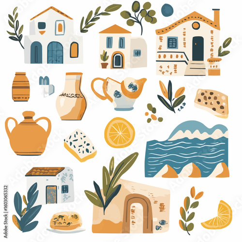 Flat Greek clipart set with olive branch, feta cheese, salad, and amphora in soft colors, designed for food packaging and product label decoration